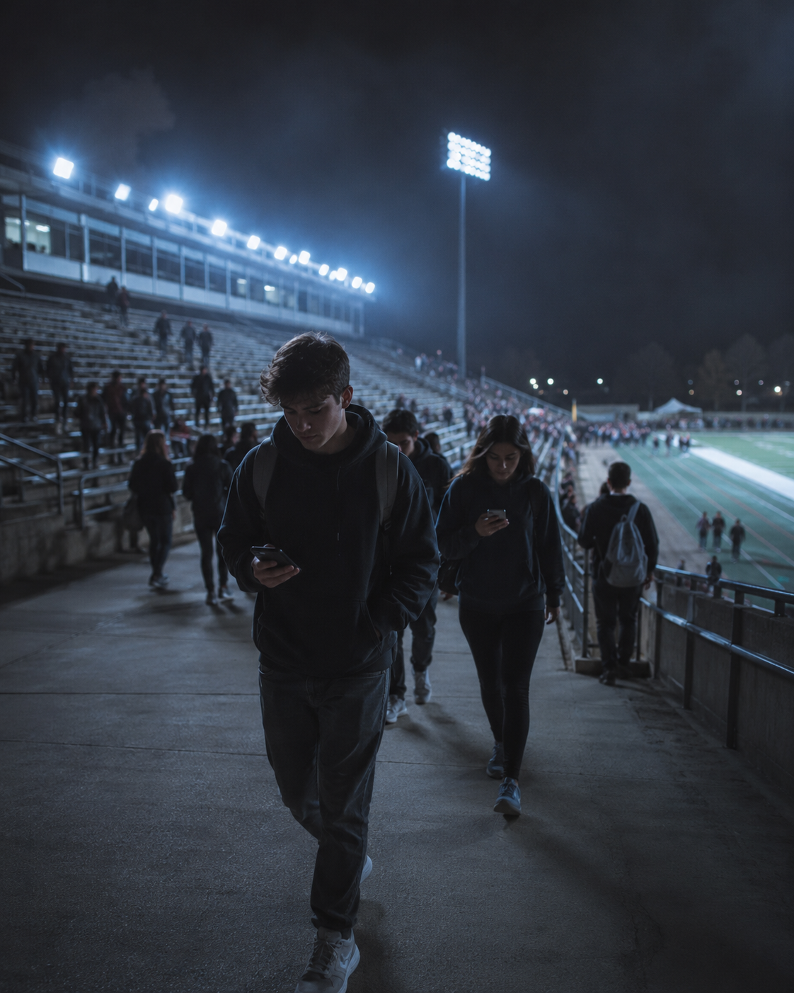 Students leaving a university sports event with no reason to return or engage again.